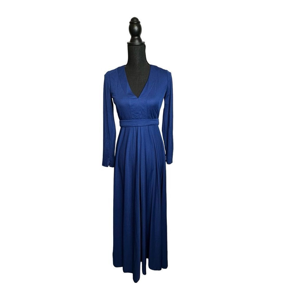 DONCASTER Royal Blue Vintage V Neck Long Sleeve Maxi Dress Size Medium